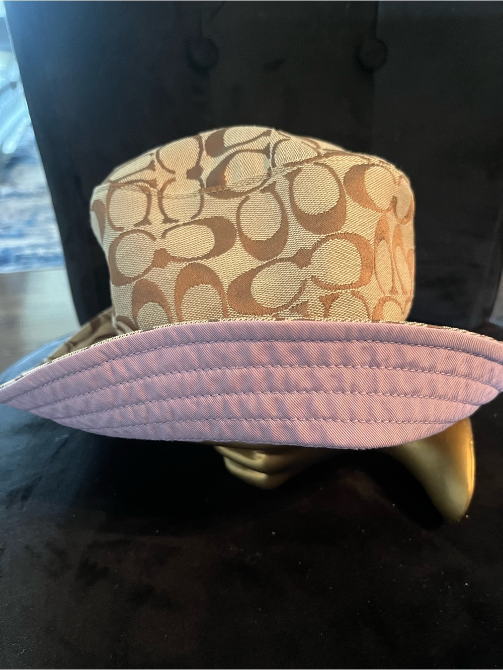 Coach Beige Signature Canvas Bucket Hat with Lavender Brim